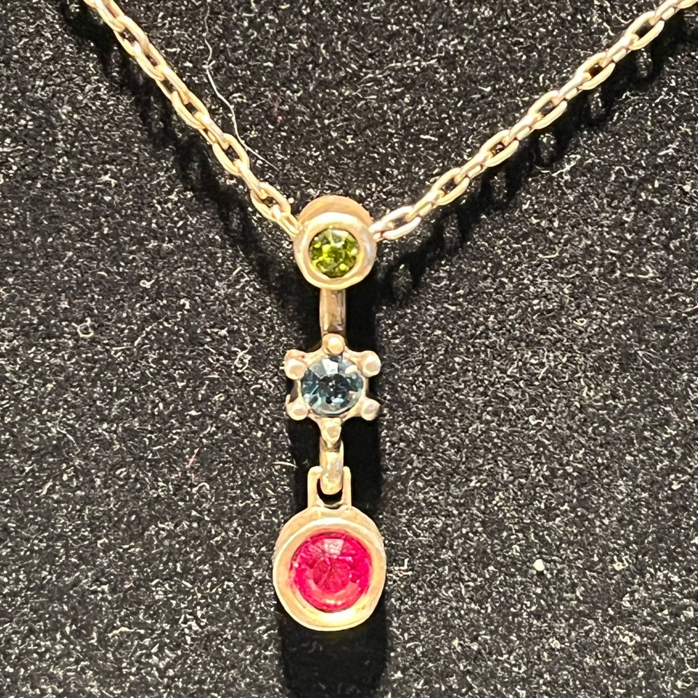 16” gold plated Patricia Locke necklace.  Stones are green, red & blue.